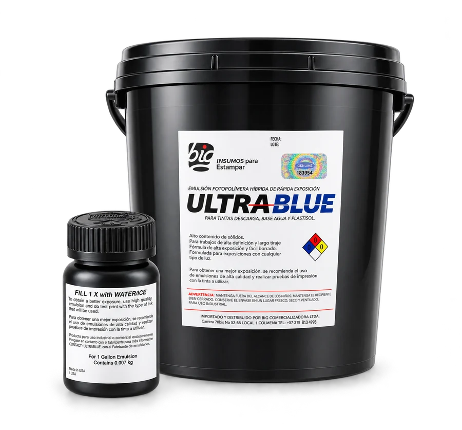 Cuñete de emulsión ULTRA BLUE con su frasco de diazo
